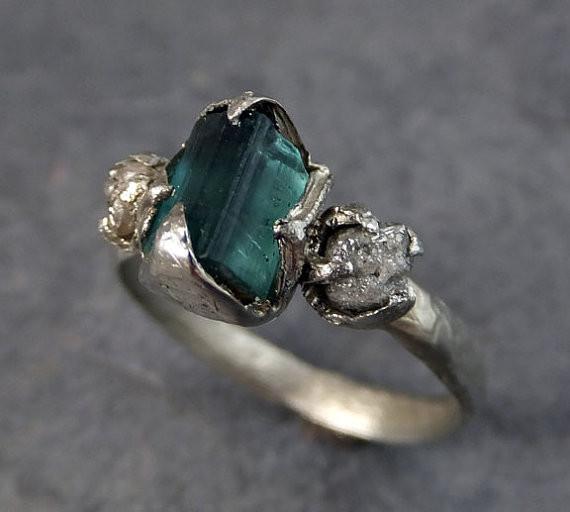 Raw blue green Tourmaline Diamond White Gold Engagement Ring Wedding Ring One Of a Kind Gemstone Ring Bespoke Three stone Ring by Angeline - by Angeline