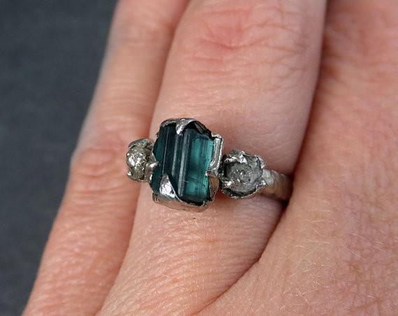 Raw blue green Tourmaline Diamond White Gold Engagement Ring Wedding Ring One Of a Kind Gemstone Ring Bespoke Three stone Ring by Angeline - by Angeline