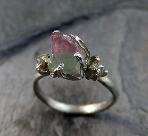 Raw Watermelon Tourmaline Diamond White Gold Engagement Ring Wedding Custom One Of a Kind Gemstone Ring Bespoke Three stone Ring by Angeline - by Angeline