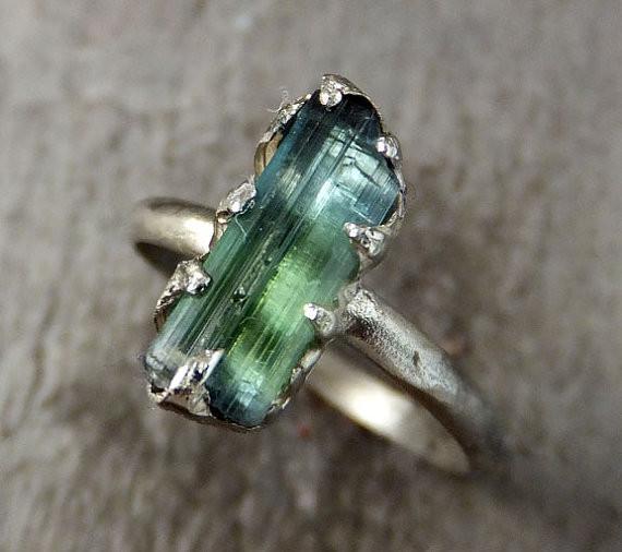 Raw blue Green Tourmaline White Gold Ring Rough Uncut Gemstone Promise Engagement recycled 14k stacking cocktail statement by Angeline - by Angeline