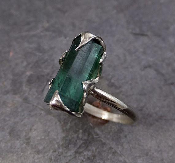 Raw Green Tourmaline White Gold Ring Rough Uncut Gemstone Promise Engagement recycled 14k stacking cocktail statement by Angeline - by Angeline