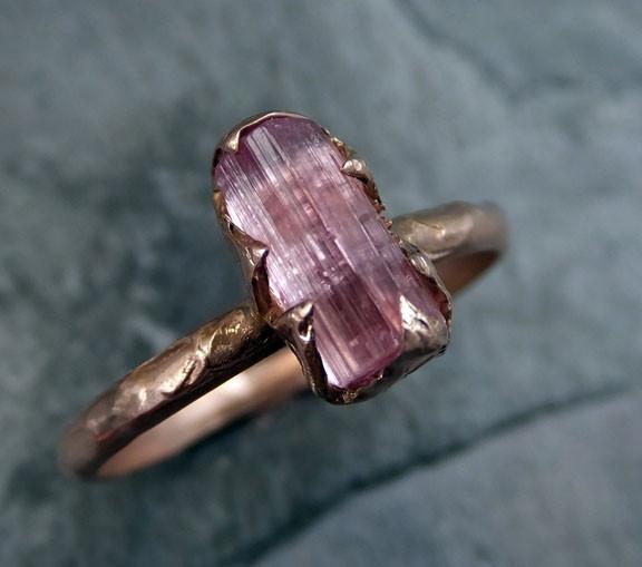 Raw Pink Tourmaline Rose Gold Ring Rough Uncut Pastel Pink Gemstone Promise engagement wedding recycled 14k Size stacking by Angeline - by Angeline