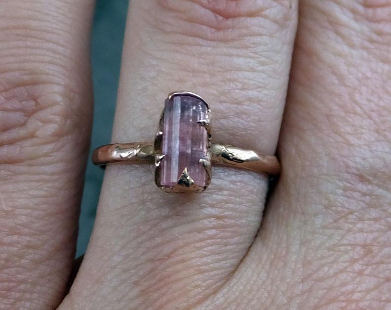 Raw Pink Tourmaline Rose Gold Ring Rough Uncut Pastel Pink Gemstone Promise engagement wedding recycled 14k Size stacking by Angeline - by Angeline