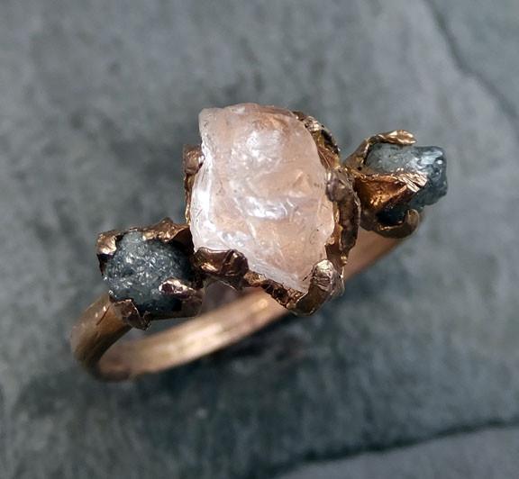 Raw Morganite Diamond Rose Gold Engagement Ring Wedding Ring Custom One Of a Kind Gemstone Ring Bespoke Three stone Ring by Angeline - by Angeline