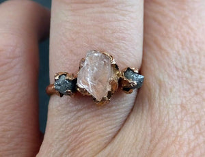 Raw Morganite Diamond Rose Gold Engagement Ring Wedding Ring Custom One Of a Kind Gemstone Ring Bespoke Three stone Ring by Angeline - by Angeline