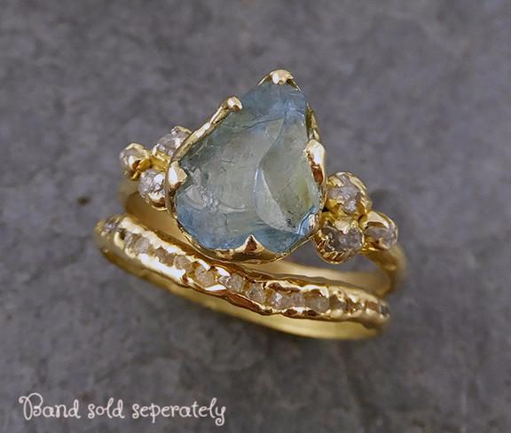 Raw Uncut Aquamarine Diamond Gold Engagement Ring Wedding 18k Ring Custom One Of a Kind Gemstone Bespoke Three stone Ring - by Angeline