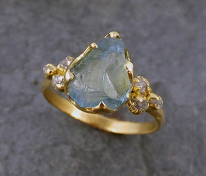 Raw Uncut Aquamarine Diamond Gold Engagement Ring Wedding 18k Ring Custom One Of a Kind Gemstone Bespoke Three stone Ring - by Angeline