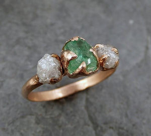 Raw Rough Emerald Conflict Free Diamonds Rose Gold Ring One Of a Kind Gemstone Engagement Wedding Ring Recycled gold - by Angeline