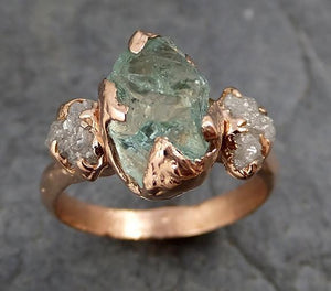 Raw Uncut Aquamarine Diamond Rose Gold Engagement Ring Wedding Ring Custom One Of a Kind Gemstone Ring Three stone Ring 0160 - by Angeline