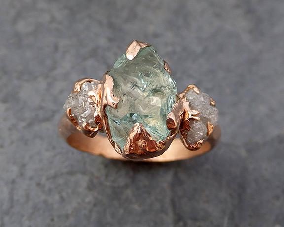 Raw Uncut Aquamarine Diamond Rose Gold Engagement Ring Wedding Ring Custom One Of a Kind Gemstone Ring Three stone Ring 0160 - by Angeline