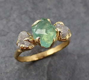 Three raw Stone Diamond Emerald Engagement Ring 18k Gold Wedding Ring Uncut Birthstone Stacking Ring Rough Diamond Ring 0163 - by Angeline