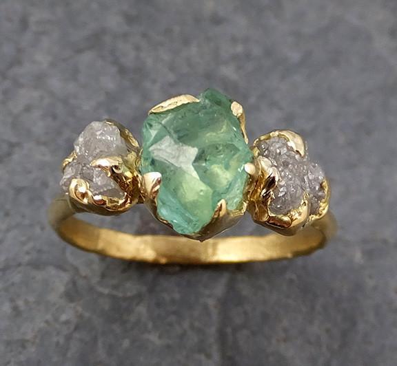 Three raw Stone Diamond Emerald Engagement Ring 18k Gold Wedding Ring Uncut Birthstone Stacking Ring Rough Diamond Ring 0163 - by Angeline