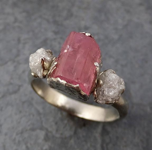 Raw Pink Tourmaline Diamond 14k White Gold Multi stone Engagement Ring Wedding Ring One Of a Kind Gemstone Ring Bespoke Three stone Ring 0170 - by Angeline