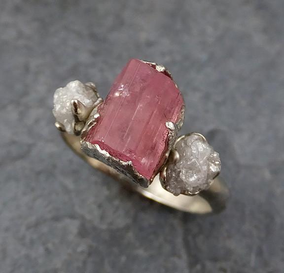 Raw Pink Tourmaline Diamond 14k White Gold Multi stone Engagement Ring Wedding Ring One Of a Kind Gemstone Ring Bespoke Three stone Ring 0170 - by Angeline
