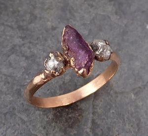 Raw Sapphire Diamond Gold Engagement Ring Multi stone Wedding Ring Custom One Of a Kind Purple Gemstone Ring Three stone Ring 0172 - by Angeline