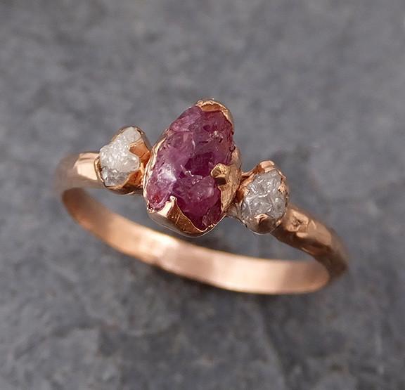 Raw Sapphire Diamond Gold Engagement Ring Multi stone Wedding Ring Custom One Of a Kind Pink Gemstone Ring Three stone Ring 0174 - by Angeline