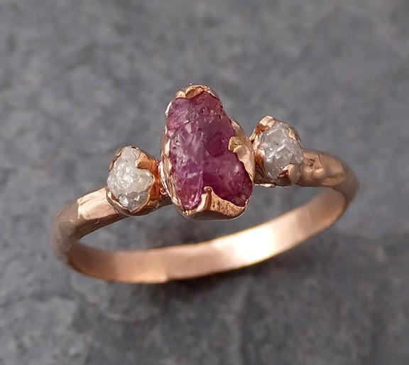 Raw Sapphire Diamond Gold Engagement Ring Multi stone Wedding Ring Custom One Of a Kind Pink Gemstone Ring Three stone Ring 0174 - by Angeline