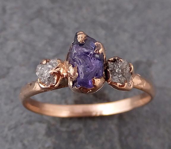 Raw Sapphire Diamond Gold Engagement Ring Wedding Ring Custom One Of a Kind Purple Gemstone Ring Three stone Ring - by Angeline