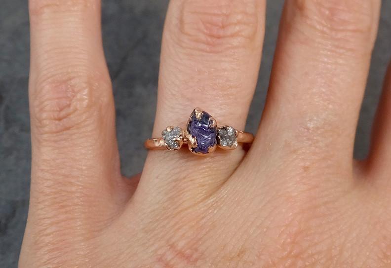 Raw Sapphire Diamond Gold Engagement Ring Wedding Ring Custom One Of a Kind Purple Gemstone Ring Three stone Ring - by Angeline