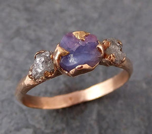 Raw Sapphire Diamond rose Gold Engagement Ring Multi stone Wedding Ring Custom One Of a Kind Purple Gemstone Ring Three stone Ring 0177 - by Angeline