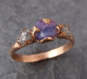 Raw Sapphire Diamond rose Gold Engagement Ring Multi stone Wedding Ring Custom One Of a Kind Purple Gemstone Ring Three stone Ring 0177 - by Angeline