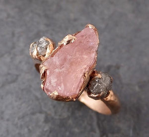Raw Morganite Diamond Rose Gold Engagement Ring Wedding Ring Custom One Of a Kind Gemstone Ring Bespoke Three stone Ring - by Angeline