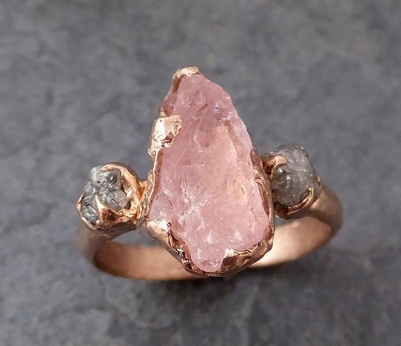 Raw Morganite Diamond Rose Gold Engagement Ring Wedding Ring Custom One Of a Kind Gemstone Ring Bespoke Three stone Ring - by Angeline