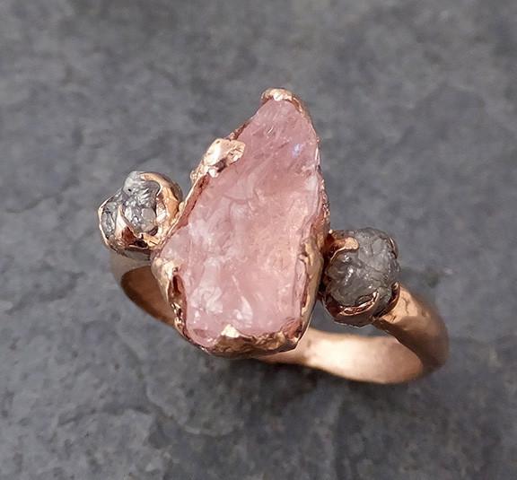 Raw Morganite Diamond Rose Gold Engagement Ring Wedding Ring Custom One Of a Kind Gemstone Ring Bespoke Three stone Ring - by Angeline