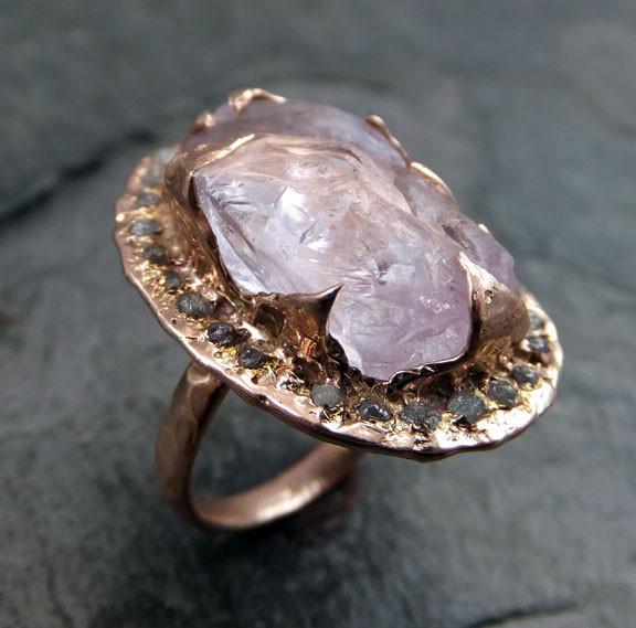 Raw Rough Uncut Kunzite Diamonds Rose Gold Halo Ring Engagement Multi stone Wedding Ring Statement Gemstone ring anniversary ring by Angeline 0017 - by Angeline