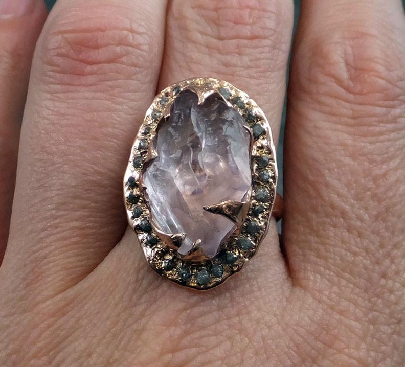 Raw Rough Uncut Kunzite Diamonds Rose Gold Halo Ring Engagement Multi stone Wedding Ring Statement Gemstone ring anniversary ring by Angeline 0017 - by Angeline