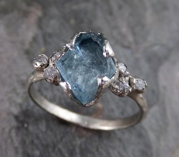 Raw Uncut Aquamarine Diamond Gold Engagement Ring Wedding White Ring Custom One Of a Kind Gemstone Bespoke Three stone Ring 0196 - by Angeline