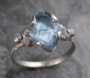 Raw Uncut Aquamarine Diamond Gold Engagement Ring Wedding White Ring Custom One Of a Kind Gemstone Bespoke Three stone Ring 0196 - by Angeline