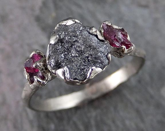 Raw Rough Black Diamond Ruby Multi Stone Ring 14k White Gold red Gemstone Engagement birthstone Ring - by Angeline