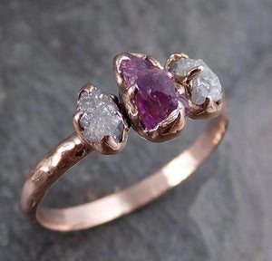 Raw Sapphire Diamond Gold Engagement Ring Multi stone Wedding Ring Custom One Of a Kind Purple Gemstone Ring Three stone Ring - by Angeline