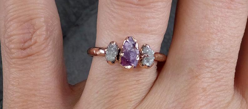 Raw Sapphire Diamond Gold Engagement Ring Multi stone Wedding Ring Custom One Of a Kind Purple Gemstone Ring Three stone Ring - by Angeline