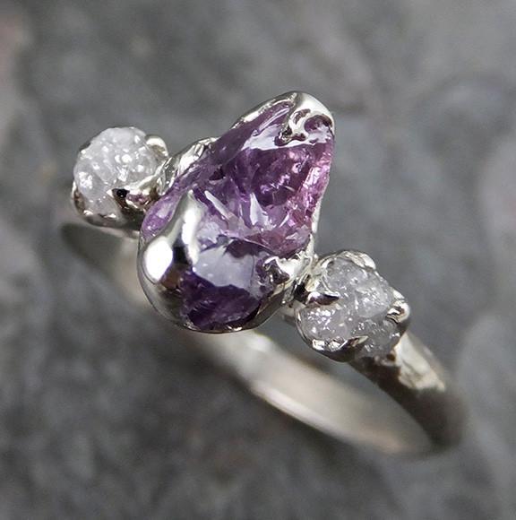 Raw Sapphire Diamond White Gold Engagement Ring Wedding Ring One Of a Kind Violet Purple Gemstone Lavender Three stone - by Angeline