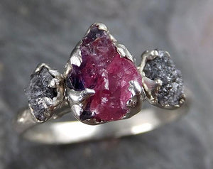 Raw Rough Black Diamond Ruby Multi Stone Ring 14k White Gold red Gemstone Engagement birthstone Ring 0218 - by Angeline
