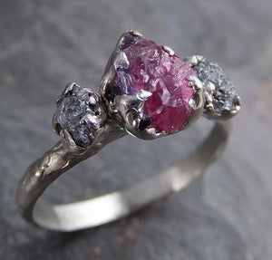 Raw Rough Black Diamond Ruby Multi Stone Ring 14k White Gold red Gemstone Engagement birthstone Ring 0218 - Gemstone ring by Angeline