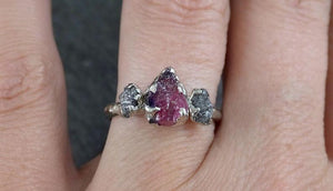 Raw Rough Black Diamond Ruby Multi Stone Ring 14k White Gold red Gemstone Engagement birthstone Ring 0218 - by Angeline