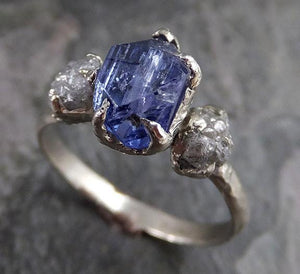 Partially Faceted Raw Diamond Tanzanite Gemstone 14k White Gold Engagement Wedding Ring One Of a Kind Gemstone Ring Bespoke Three stone Ring - by Angeline
