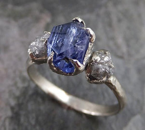 Partially Faceted Raw Diamond Tanzanite Gemstone 14k White Gold Engagement Wedding Ring One Of a Kind Gemstone Ring Bespoke Three stone Ring - by Angeline