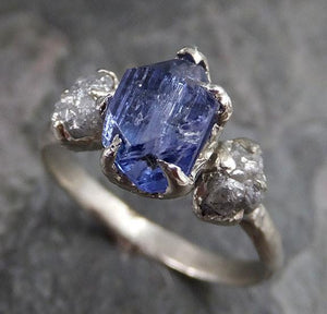 Partially Faceted Raw Diamond Tanzanite Gemstone 14k White Gold Engagement Wedding Ring One Of a Kind Gemstone Ring Bespoke Three stone Ring - by Angeline