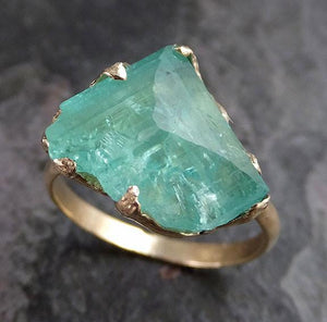 Partially Faceted Raw Sea Green Tourmaline Gold Ring Rough Uncut Gemstone tourmaline recycled 14k stacking cocktail statement - by Angeline