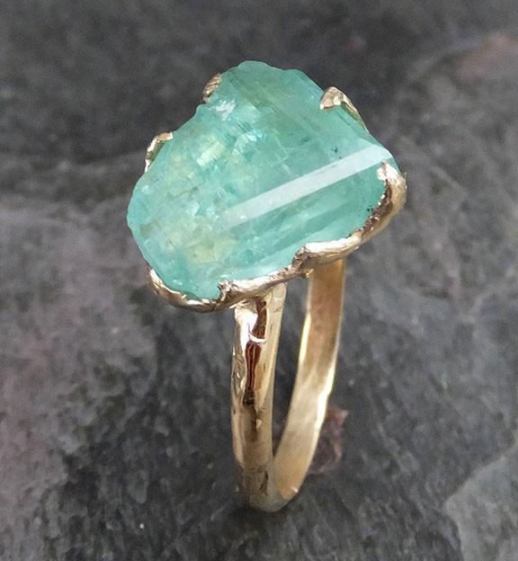 Partially Faceted Raw Sea Green Tourmaline Gold Ring Rough Uncut Gemstone tourmaline recycled 14k stacking cocktail statement - by Angeline
