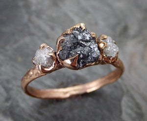Rough Diamond Engagement Ring Raw 14k Rose Gold Wedding Ring Wedding Set Black and white diamonds Rough Diamond Ring - by Angeline