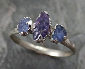 Raw Sapphire White Gold Engagement Ring Multi stone Wedding Ring One Of a Kind Blue Violet Purple Gemstone Lavender Three stone 0239 - by Angeline