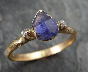 Partially faceted Raw Sapphire Diamond 14k Gold Engagement Ring Wedding Ring One Of a Kind Violet Gemstone Ring Three stone Ring - by Angeline