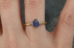 Partially faceted Raw Sapphire Diamond 14k Gold Engagement Ring Wedding Ring One Of a Kind Violet Gemstone Ring Three stone Ring - by Angeline
