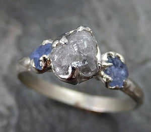 Dainty Raw Sapphire Diamond White Gold Engagement Ring Wedding Ring Montana Sapphire blue Violet Gemstone Ring Three stone 0242 - by Angeline