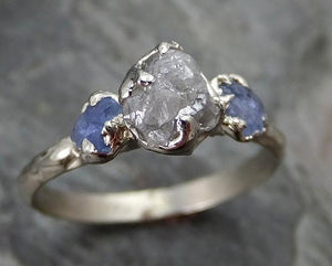 Dainty Raw Sapphire Diamond White Gold Engagement Ring Wedding Ring Montana Sapphire blue Violet Gemstone Ring Three stone 0242 - by Angeline